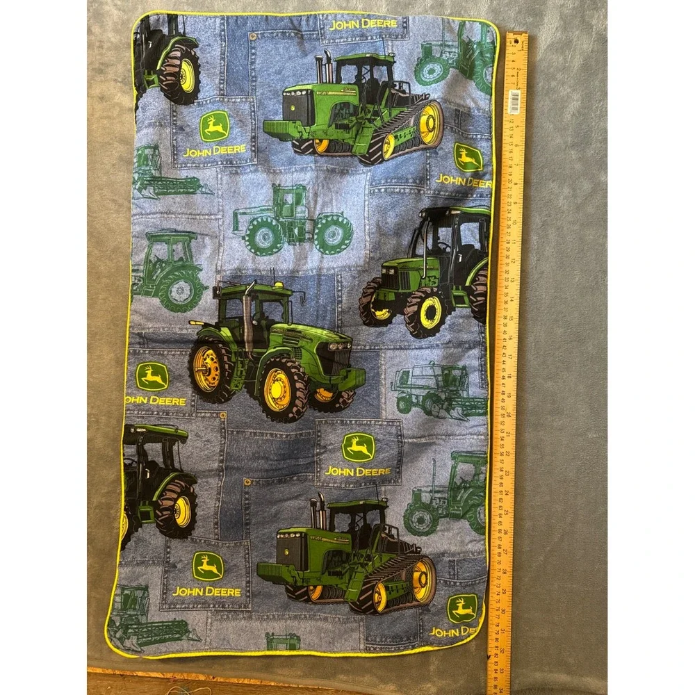John Deere Fleece Baby Blanket Blue Denim Tractor Print Yellow Trim 33x19